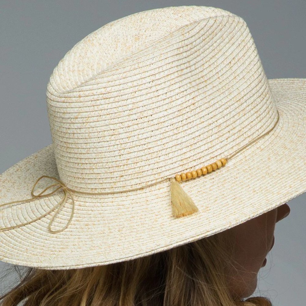 Ivory Duo Tone Panama Hat Wood Bead Bow Accent - Picture 2 of 6